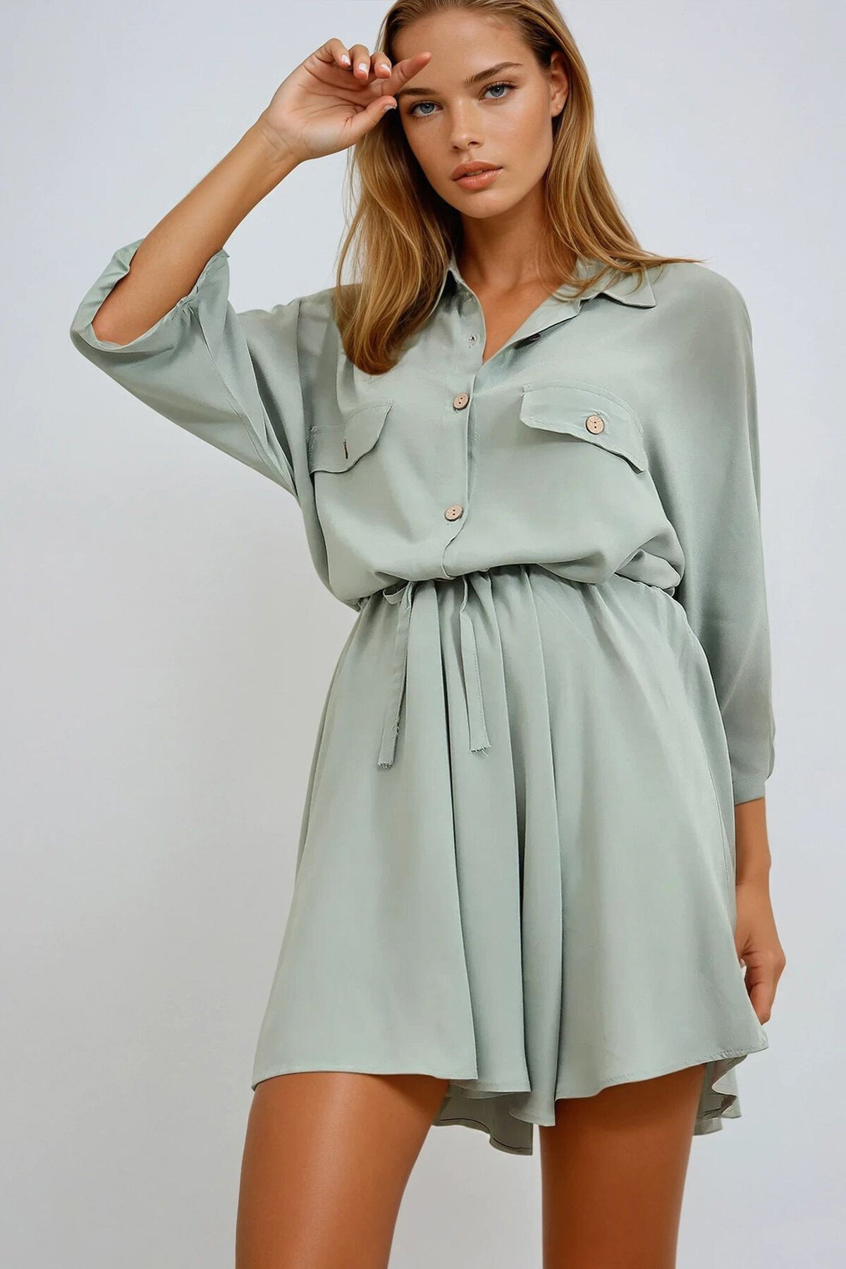 Mint Safari Dokuma Gömlek Elbise