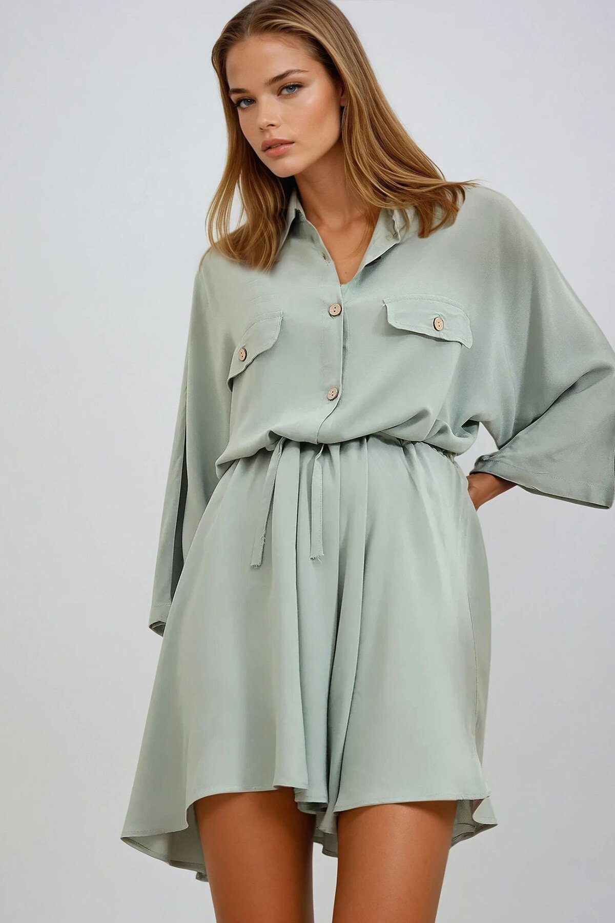 Mint Safari Dokuma Gömlek Elbise