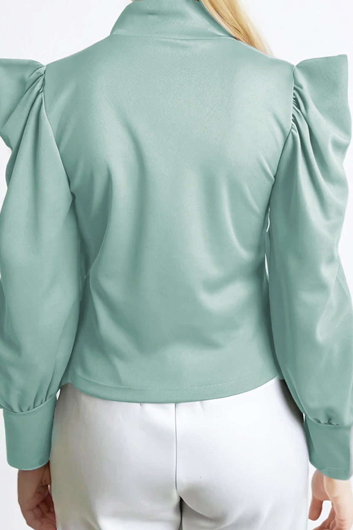 Mint Yeşili Hakim Yaka Prenses Kol Dokuma Crop Bluz