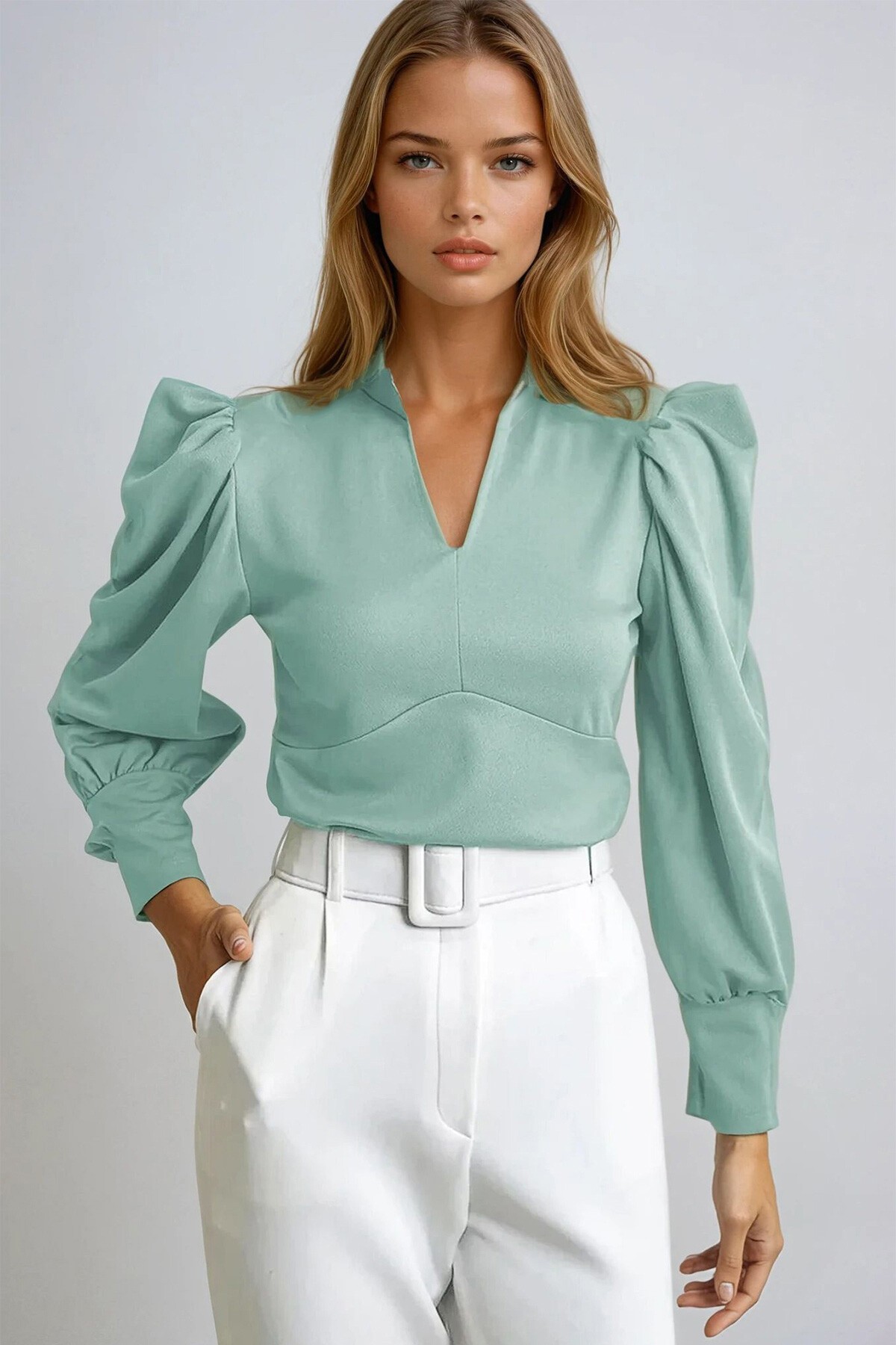 Mint Yeşili Hakim Yaka Prenses Kol Dokuma Crop Bluz