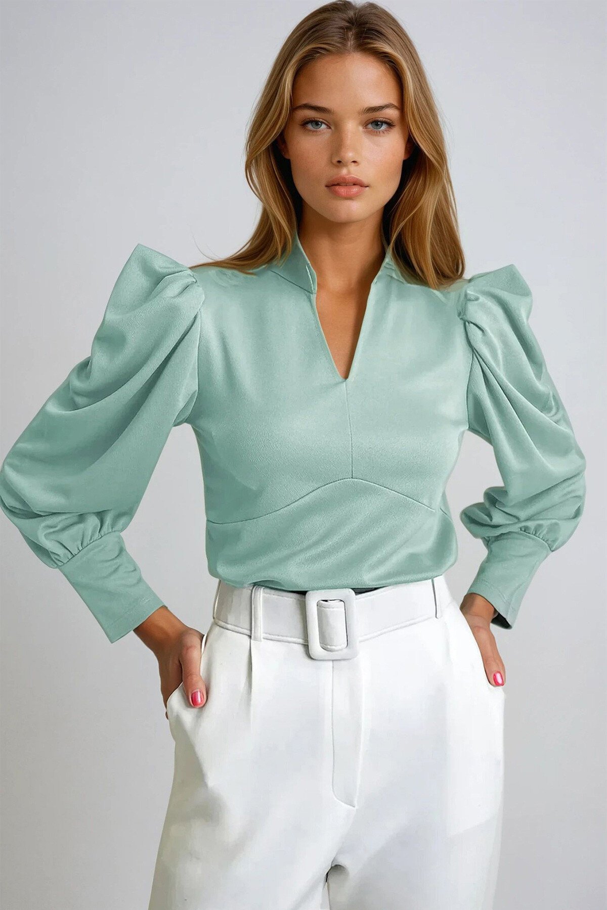 Mint Yeşili Hakim Yaka Prenses Kol Dokuma Crop Bluz