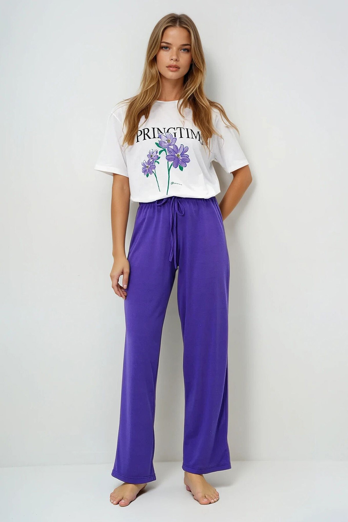 Mor Bisiklet Yaka Baskılı T Shirt Ve Düz Renk Pantolonlu Pijama Takımı