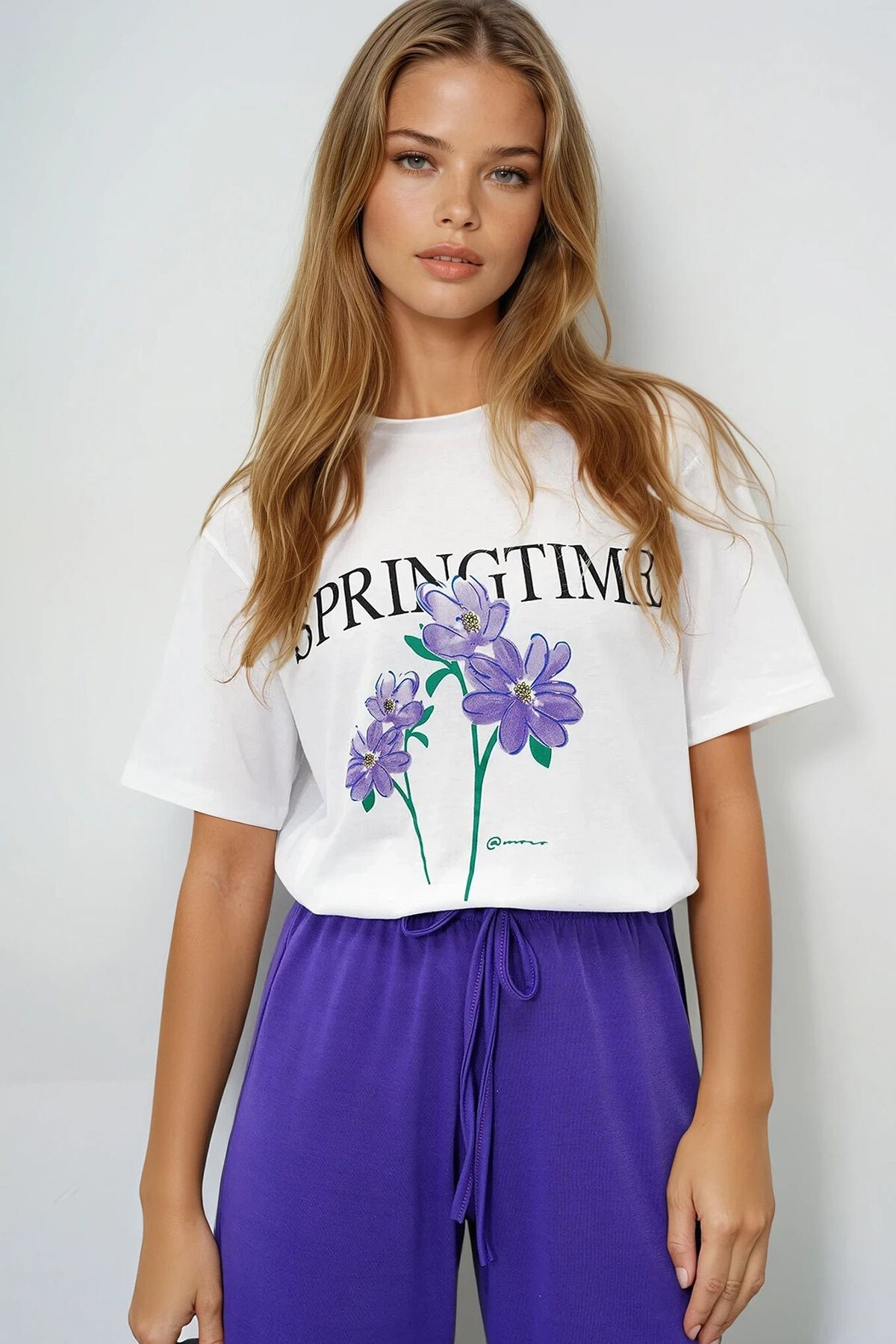 Mor Bisiklet Yaka Baskılı T Shirt Ve Düz Renk Pantolonlu Pijama Takımı