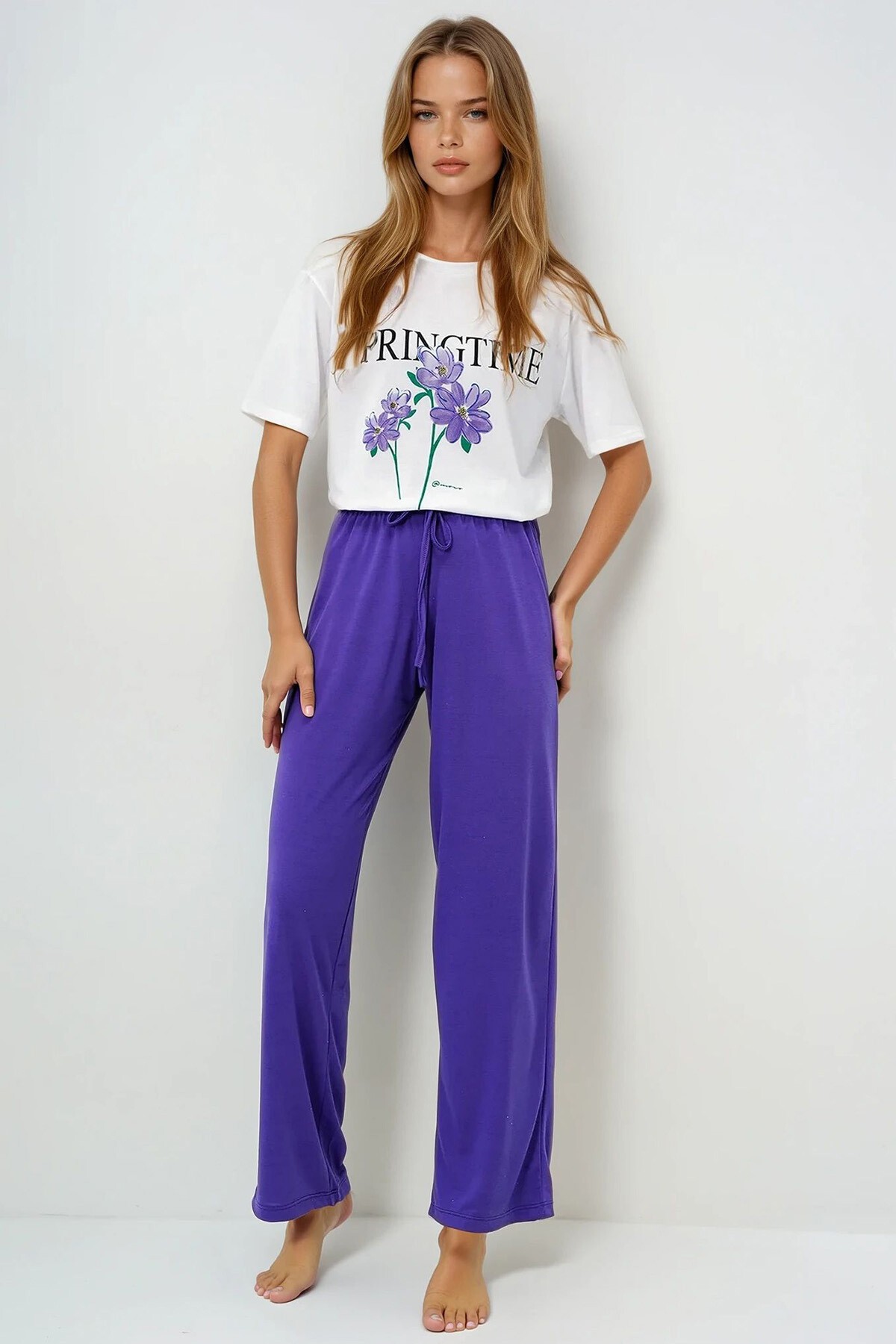 Mor Bisiklet Yaka Baskılı T Shirt Ve Düz Renk Pantolonlu Pijama Takımı