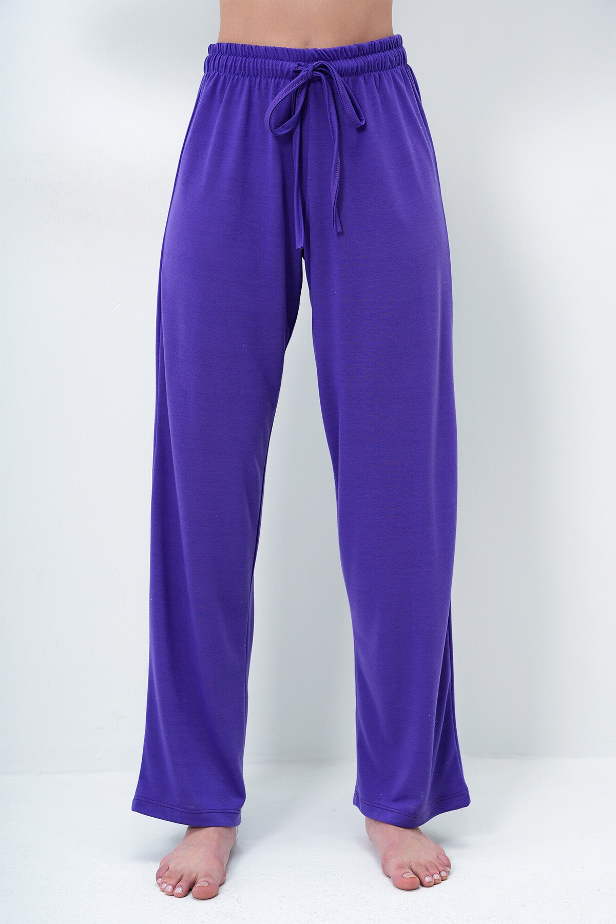 Mor Bisiklet Yaka Baskılı T Shirt Ve Düz Renk Pantolonlu Pijama Takımı