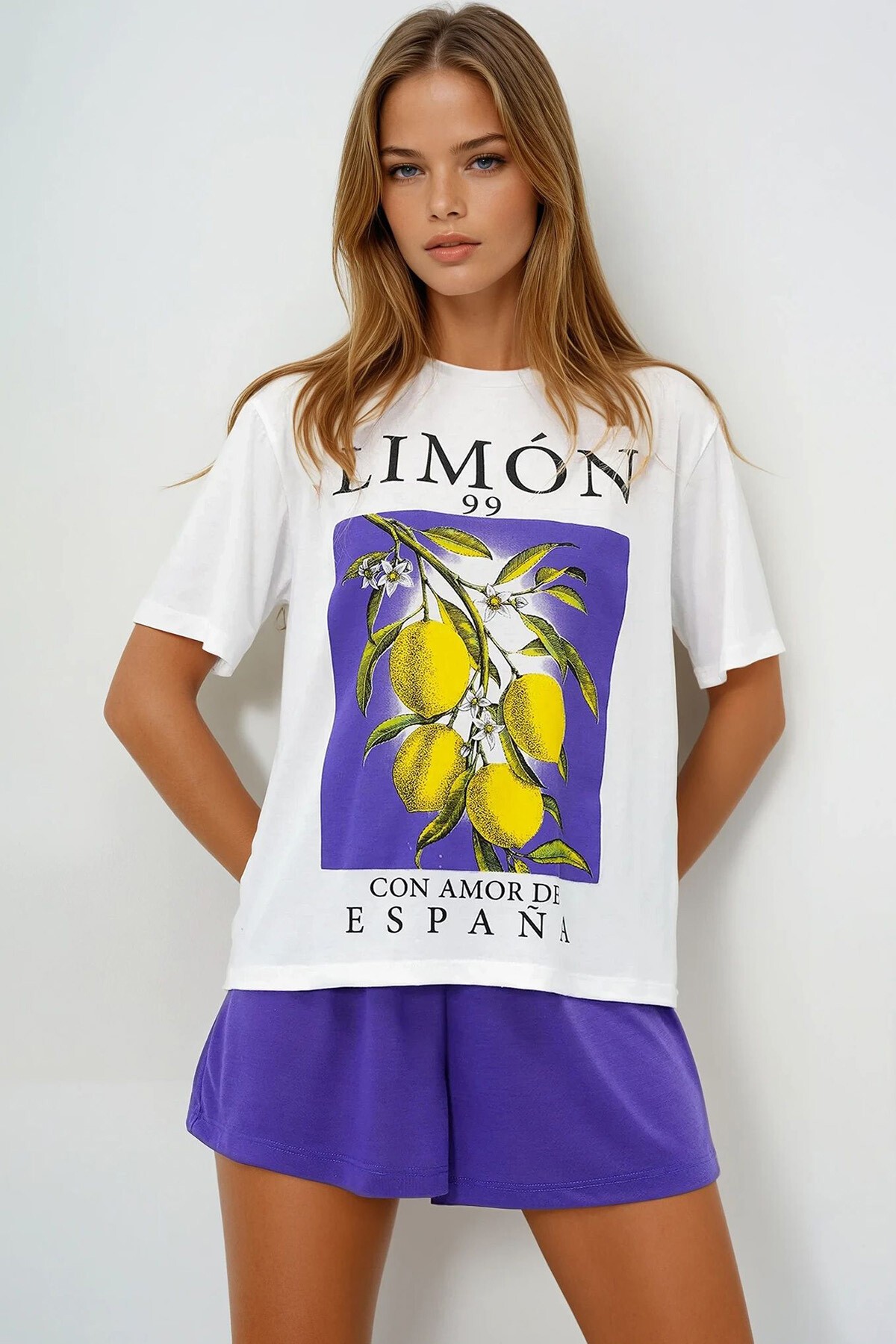 Mor Limon Baskılı Pamuklu Basic T Shırt Ve Şortlu Pijama Takımı