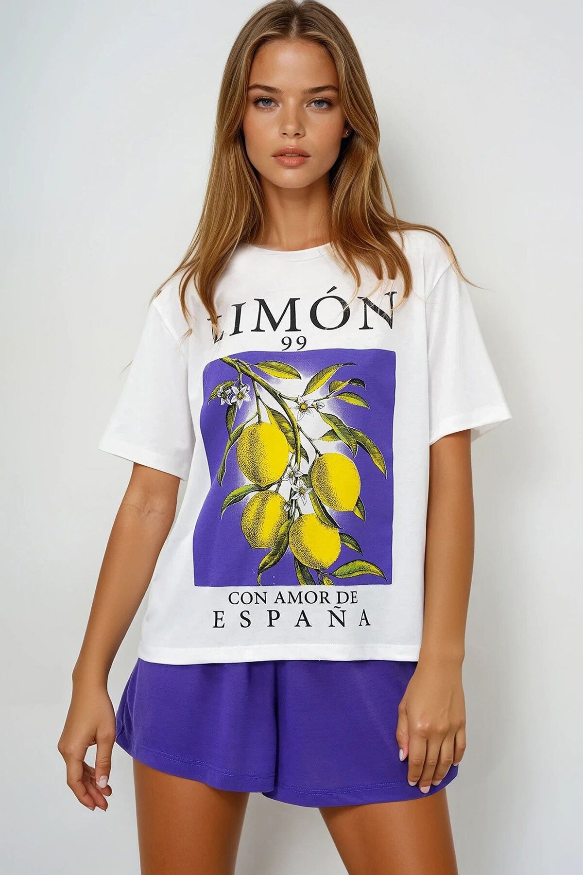 Mor Limon Baskılı Pamuklu Basic T Shırt Ve Şortlu Pijama Takımı