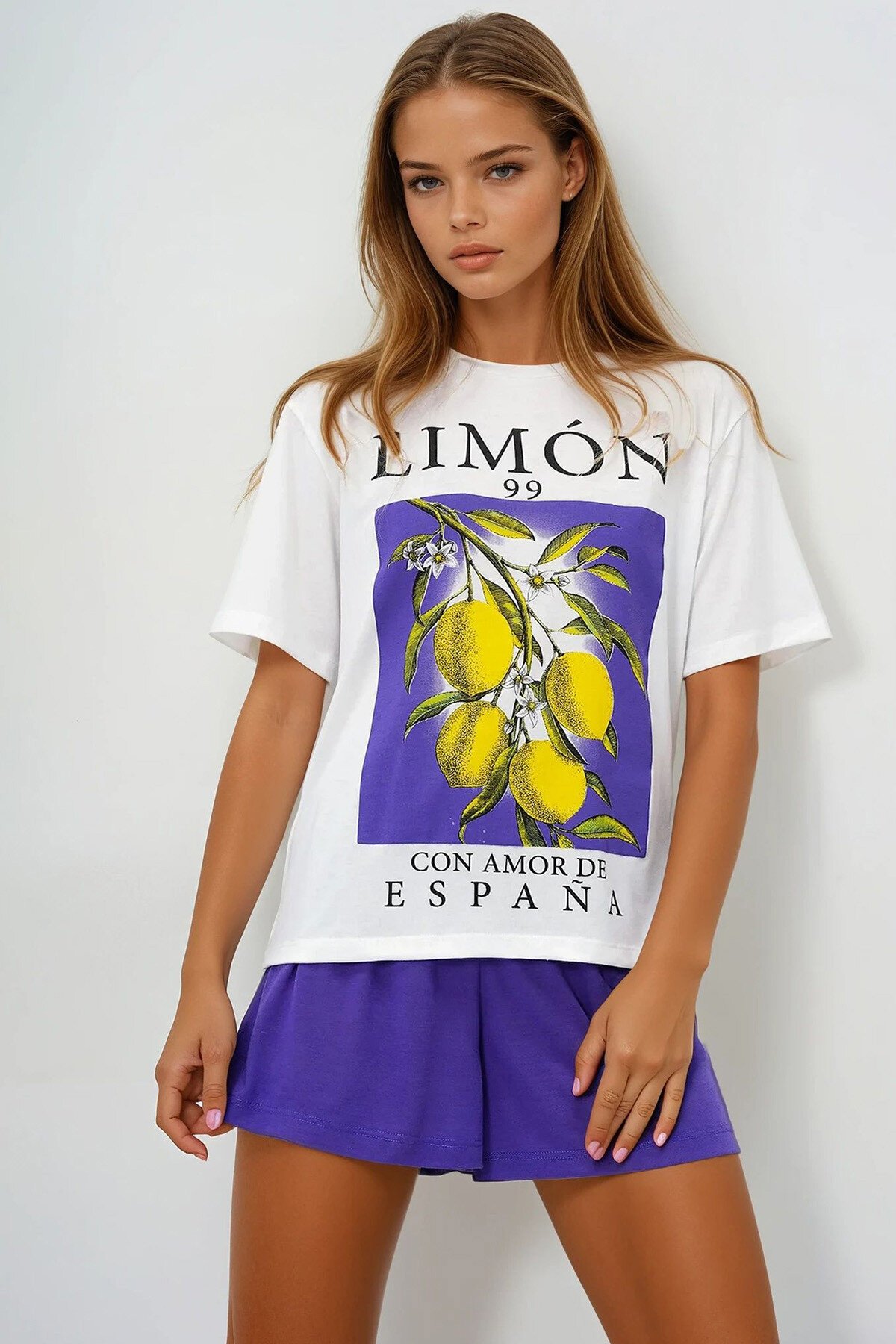 Mor Limon Baskılı Pamuklu Basic T Shırt Ve Şortlu Pijama Takımı