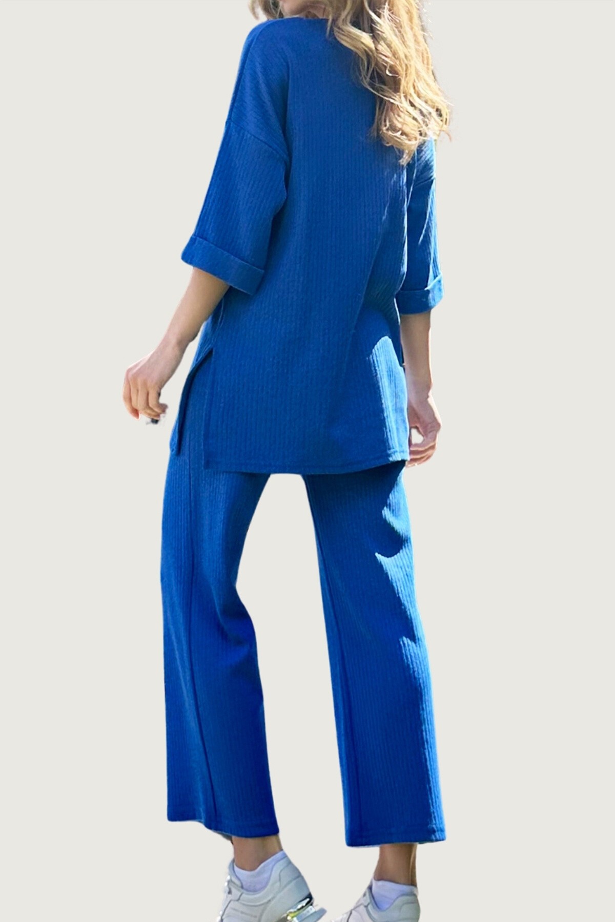 Parlament Mavi Yırtmaçlı Boyfriend T Shirt Ve Pantolon İnterlok Takım