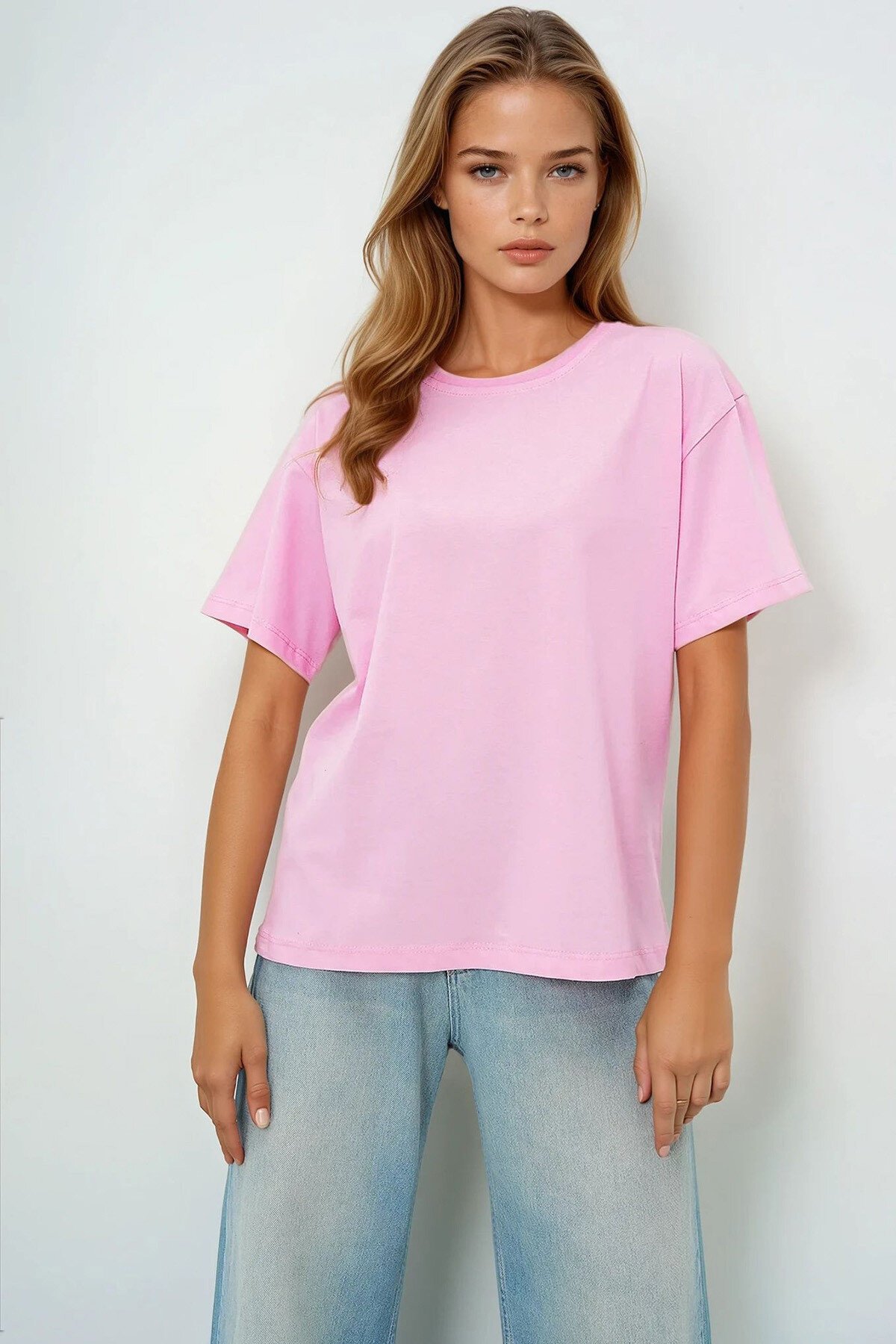 Pembe Beyaz 2Li Paket Bisiklet Yaka Basic T Shırt