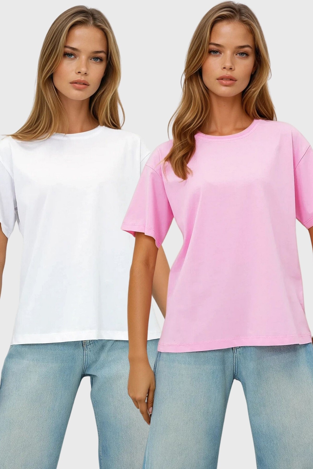 Pembe Beyaz 2Li Paket Bisiklet Yaka Basic T Shırt