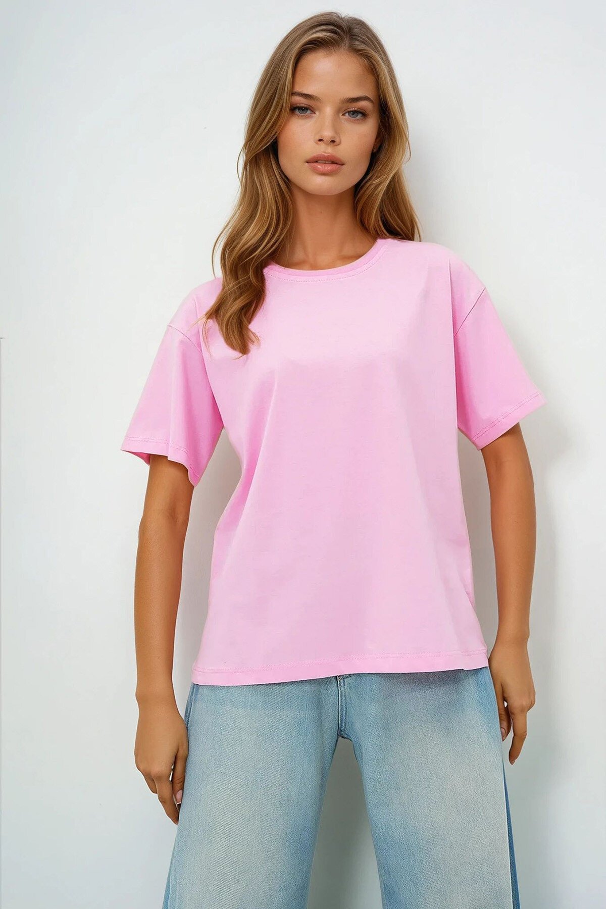 Pembe Beyaz 2Li Paket Bisiklet Yaka Basic T Shırt