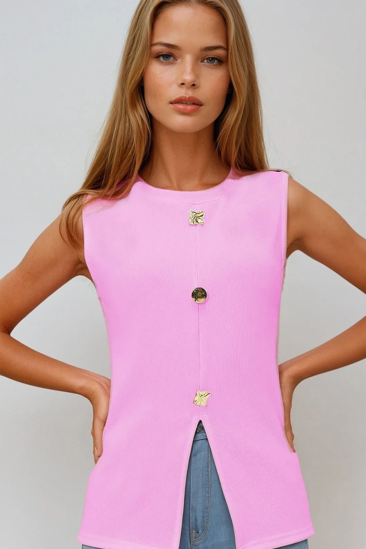 Pembe Bisiklet Yaka Gold Düğmeli Ottoban Bluz