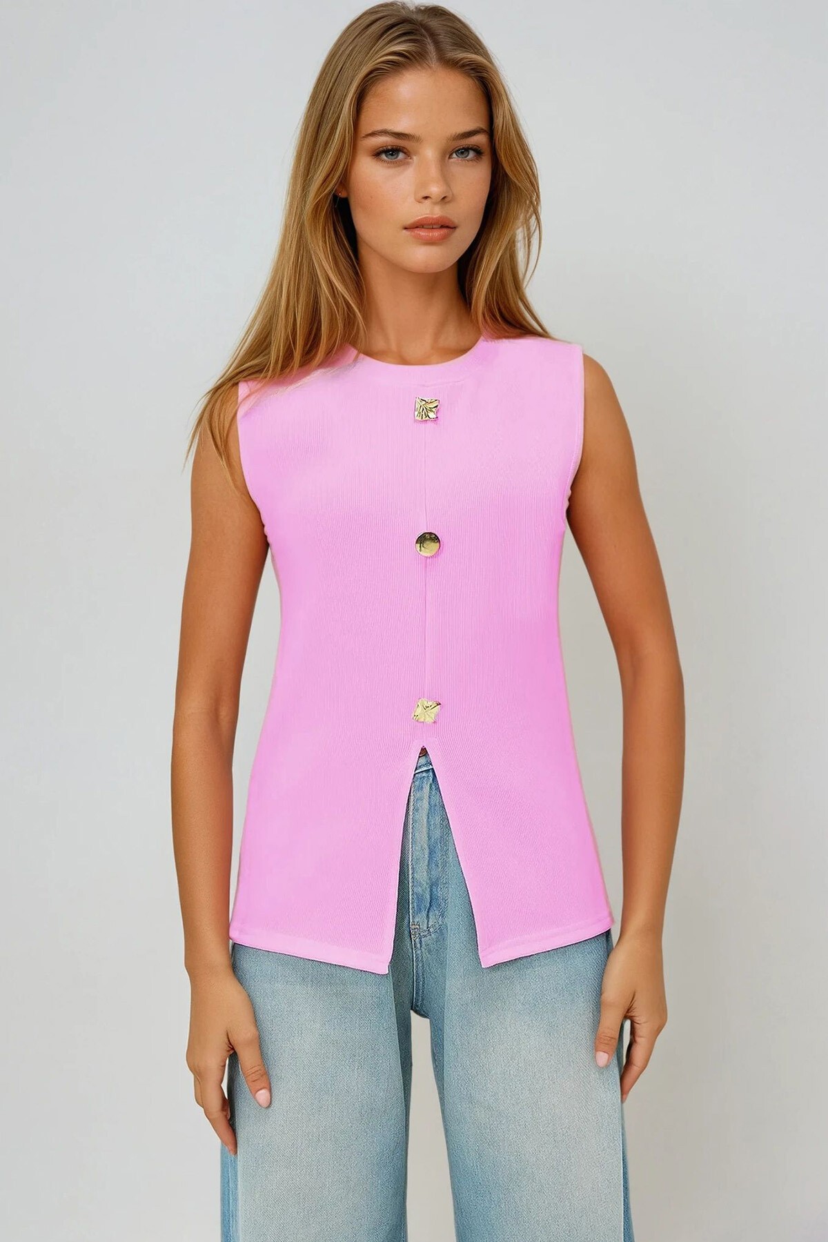 Pembe Bisiklet Yaka Gold Düğmeli Ottoban Bluz