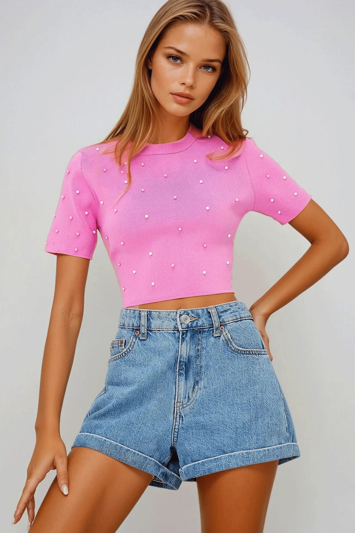 Pembe Bisiklet Yaka İnci Çakımlı  Triko Crop Bluz