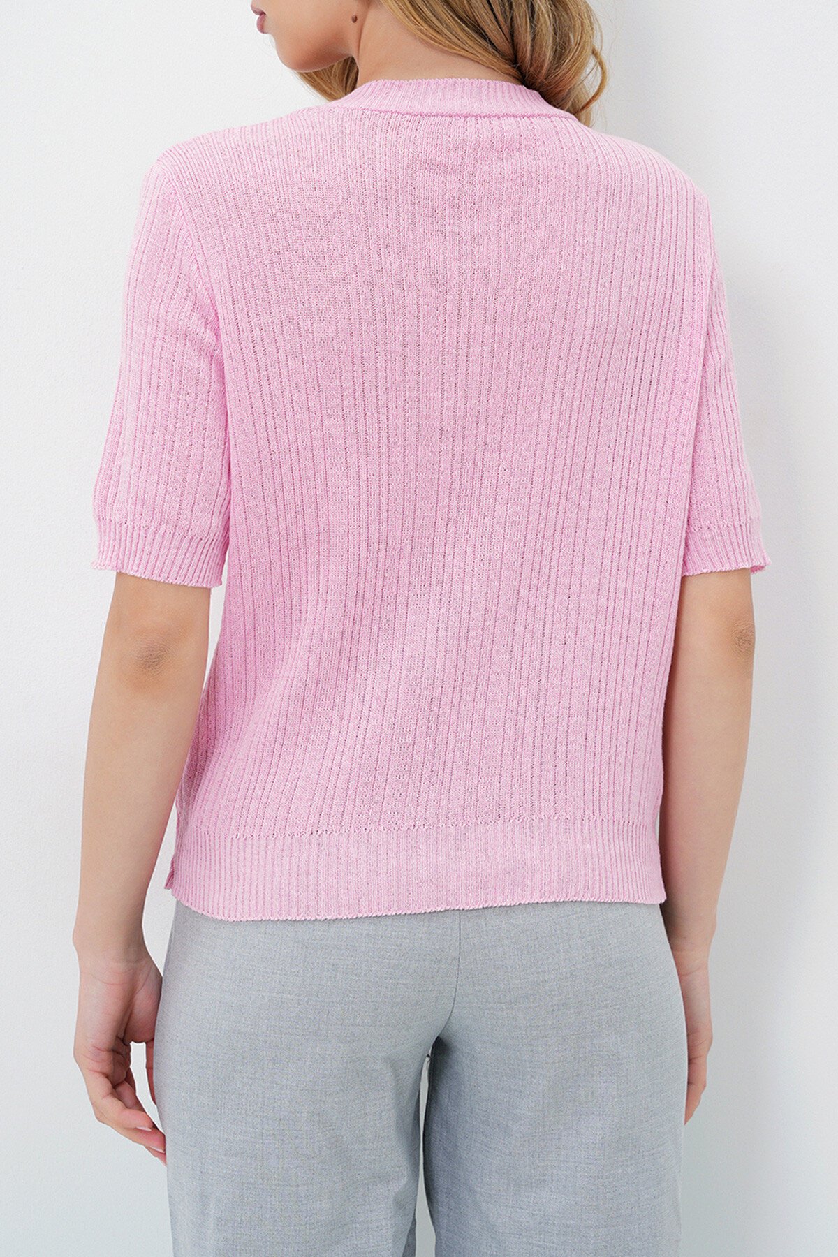 Pembe Bisiklet Yaka Kalp Taş İşlemeli Yazlık Triko Bluz