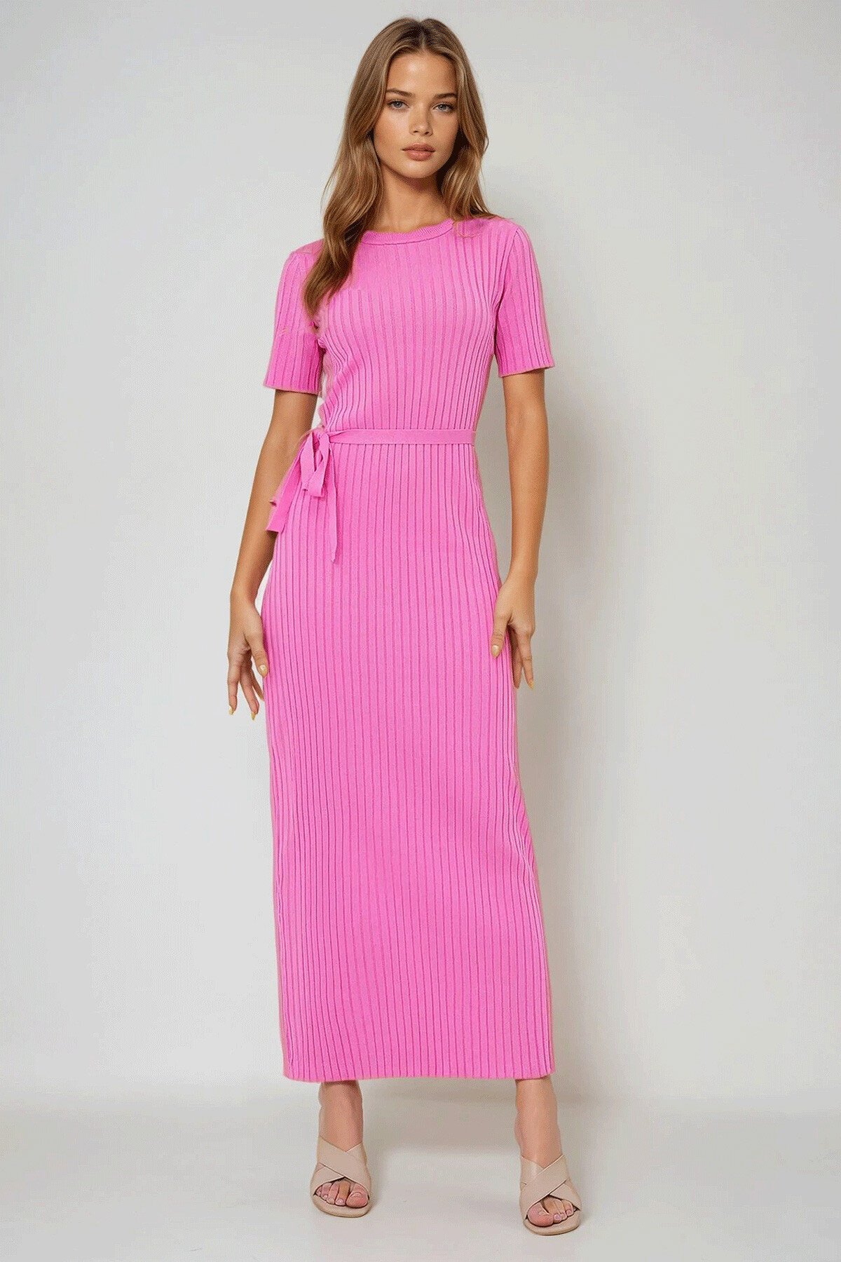 Pembe Bisiklet Yaka Yarım Kol Şeritli Triko Mevsimlik Elbise