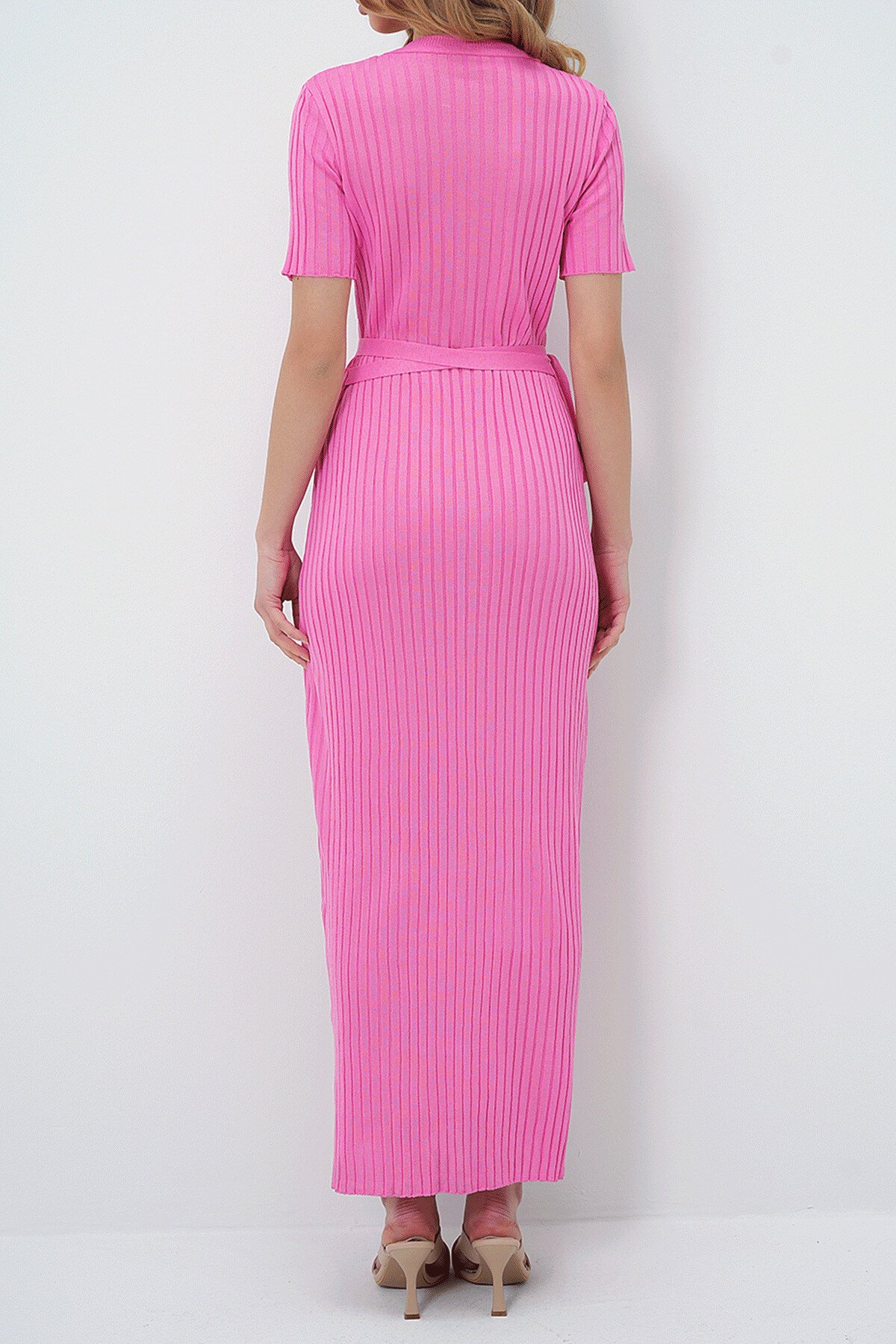 Pembe Bisiklet Yaka Yarım Kol Şeritli Triko Mevsimlik Elbise