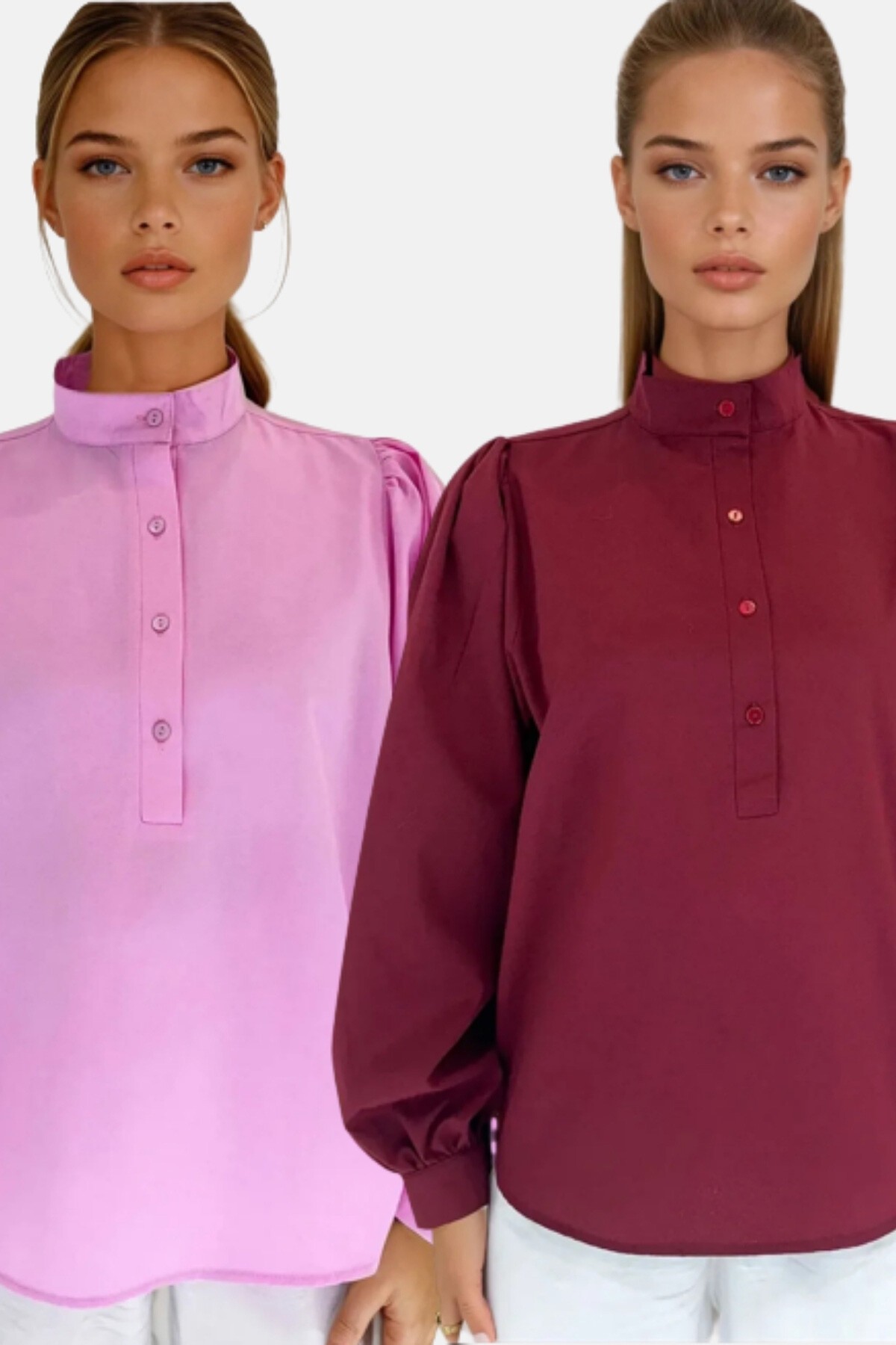 Pembe Bordo Hakim Yaka Yarım Pat Balon Kol Poplin Dokuma 2Lİ Set Gömlek Takım