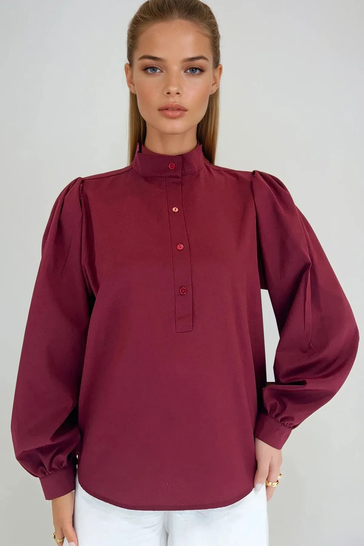 Pembe Bordo Hakim Yaka Yarım Pat Balon Kol Poplin Dokuma 2Lİ Set Gömlek Takım