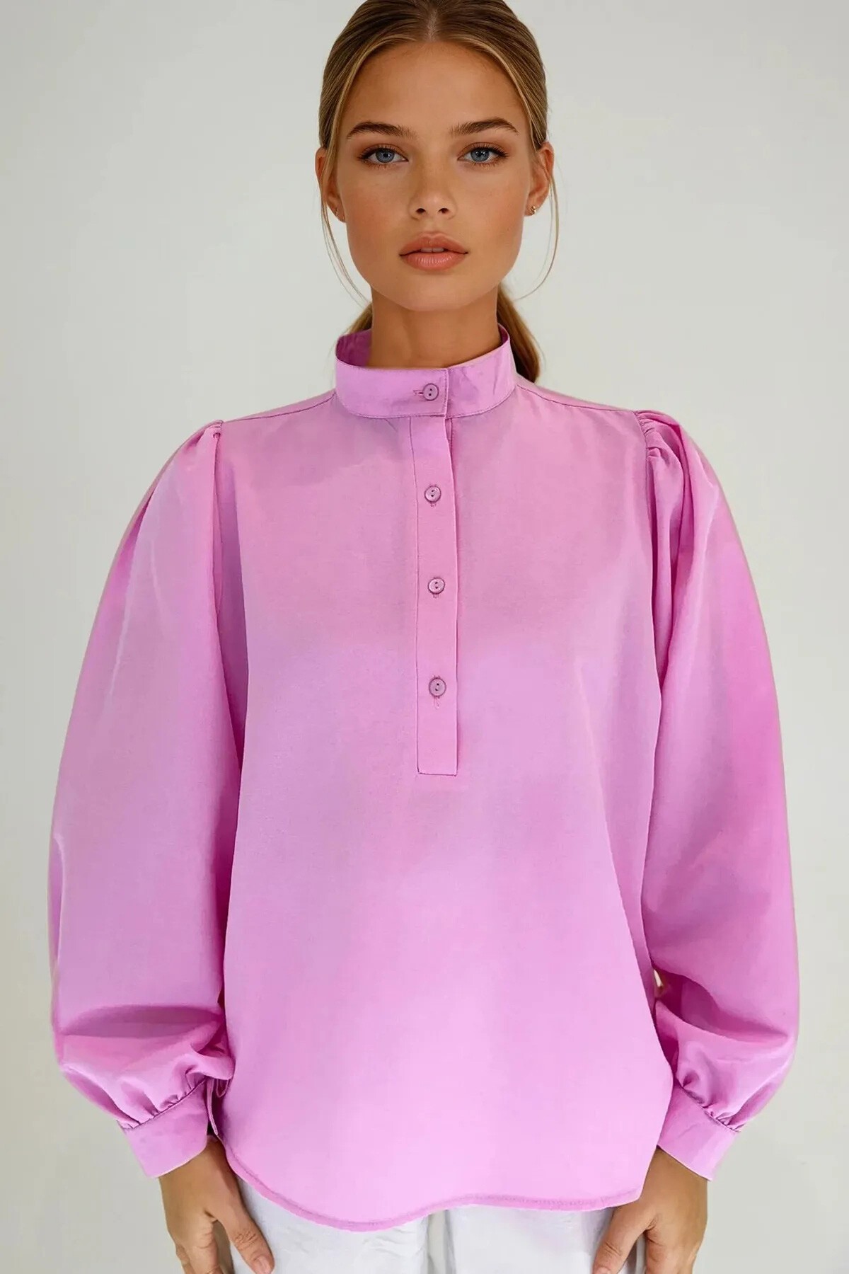 Pembe Bordo Hakim Yaka Yarım Pat Balon Kol Poplin Dokuma 2Lİ Set Gömlek Takım