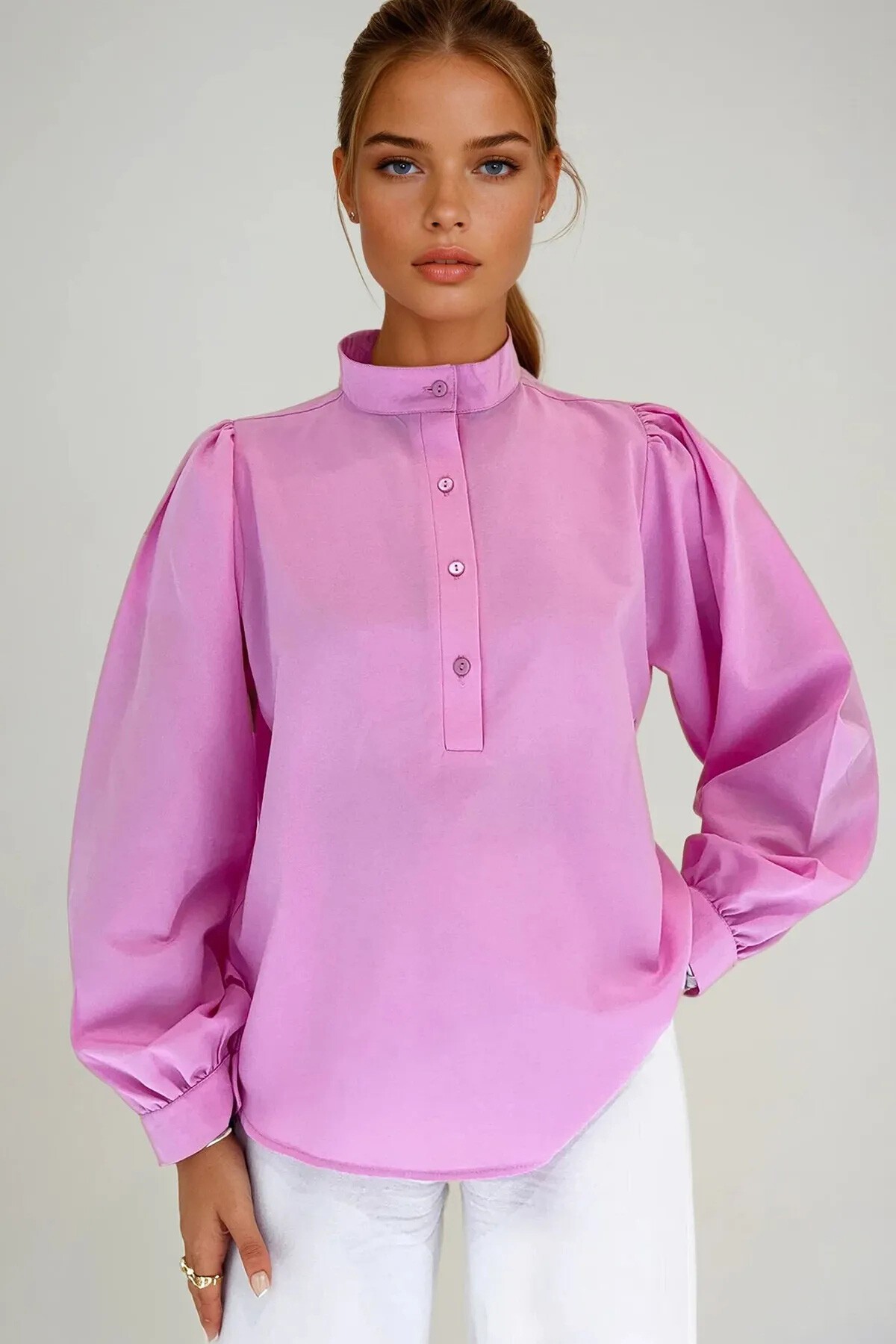 Pembe Bordo Hakim Yaka Yarım Pat Balon Kol Poplin Dokuma 2Lİ Set Gömlek Takım