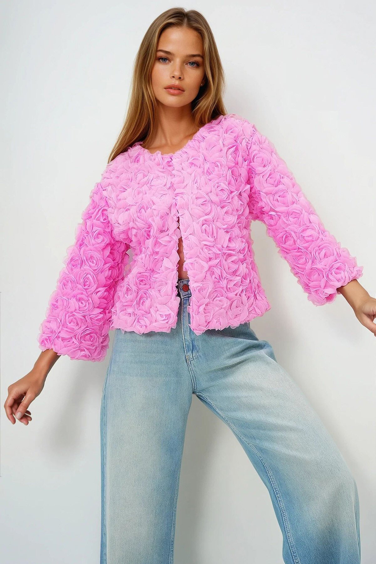 Pembe Çiçek Motifli Astarlı Crop Ceket