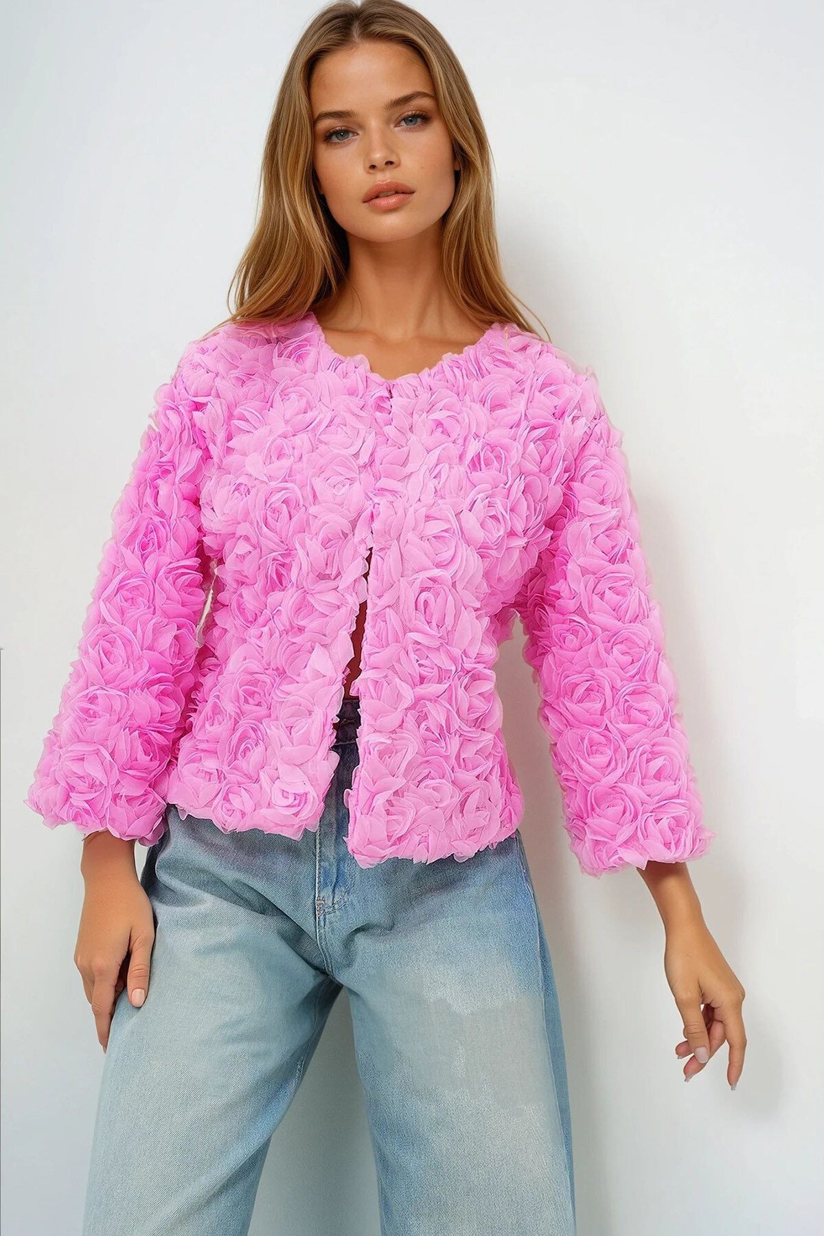 Pembe Çiçek Motifli Astarlı Crop Ceket