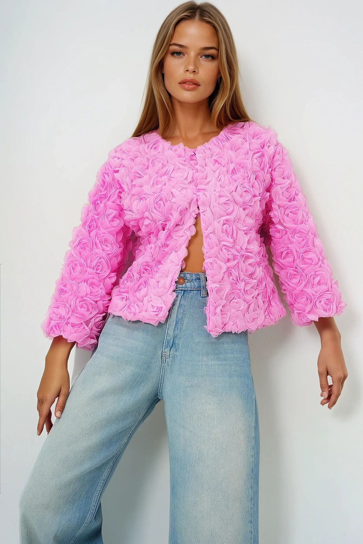 Pembe Çiçek Motifli Astarlı Crop Ceket