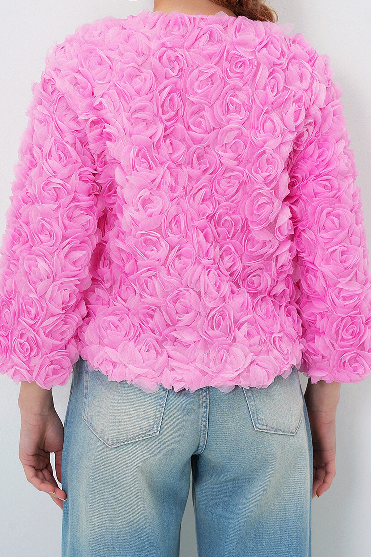 Pembe Çiçek Motifli Astarlı Crop Ceket