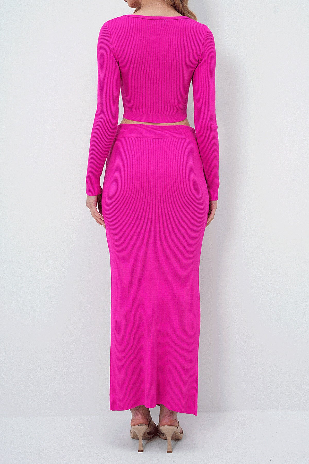 Pembe Geniş Yaka Uzun Kol Crop Kazak Ve Yırtmaçlı Etek Takım