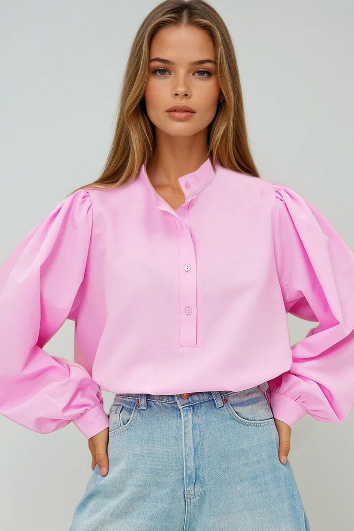 Pembe Hakim Yaka Önü Düğmeli Balon Kol Poplin Dokuma Gömlek