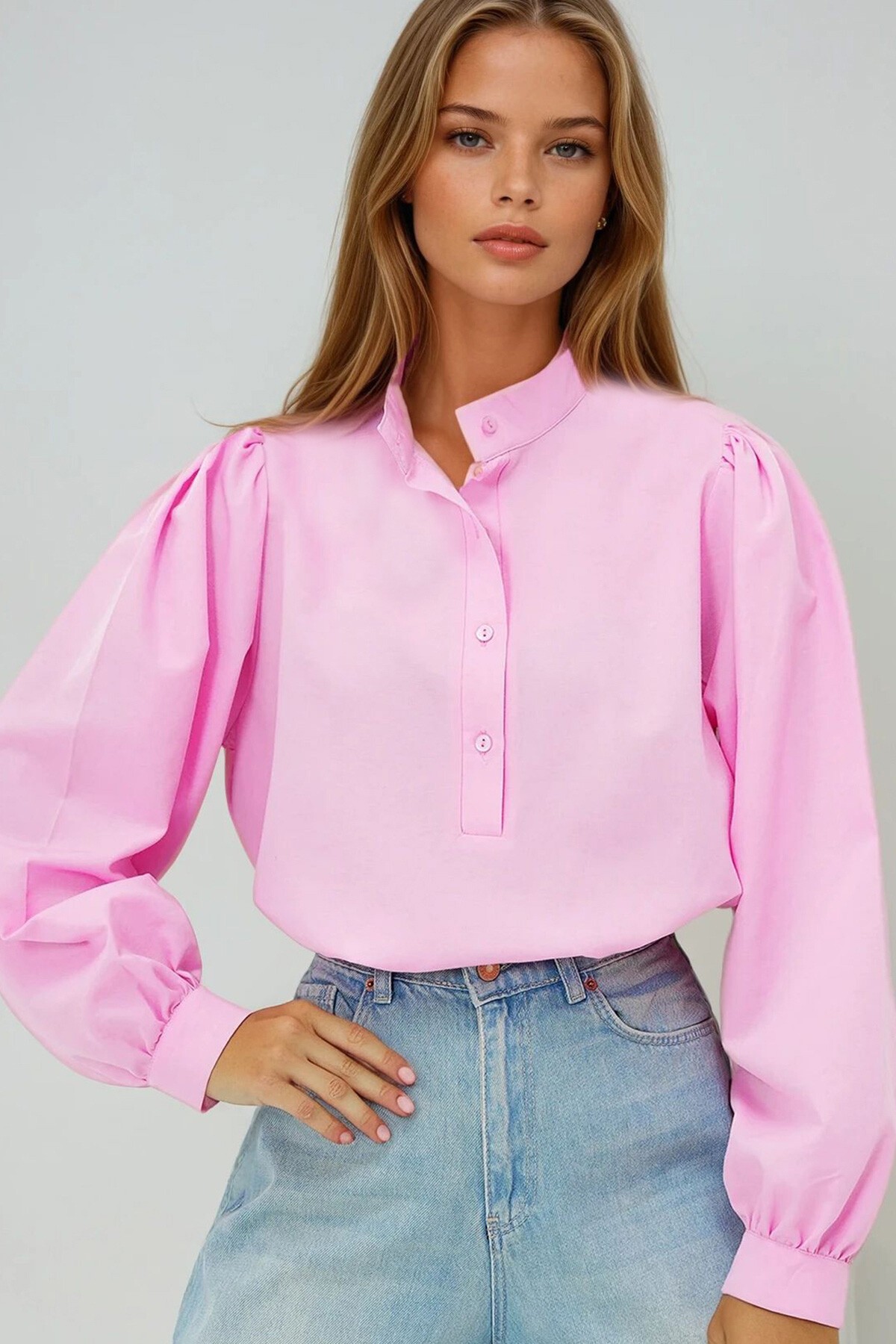 Pembe Hakim Yaka Önü Düğmeli Balon Kol Poplin Dokuma Gömlek