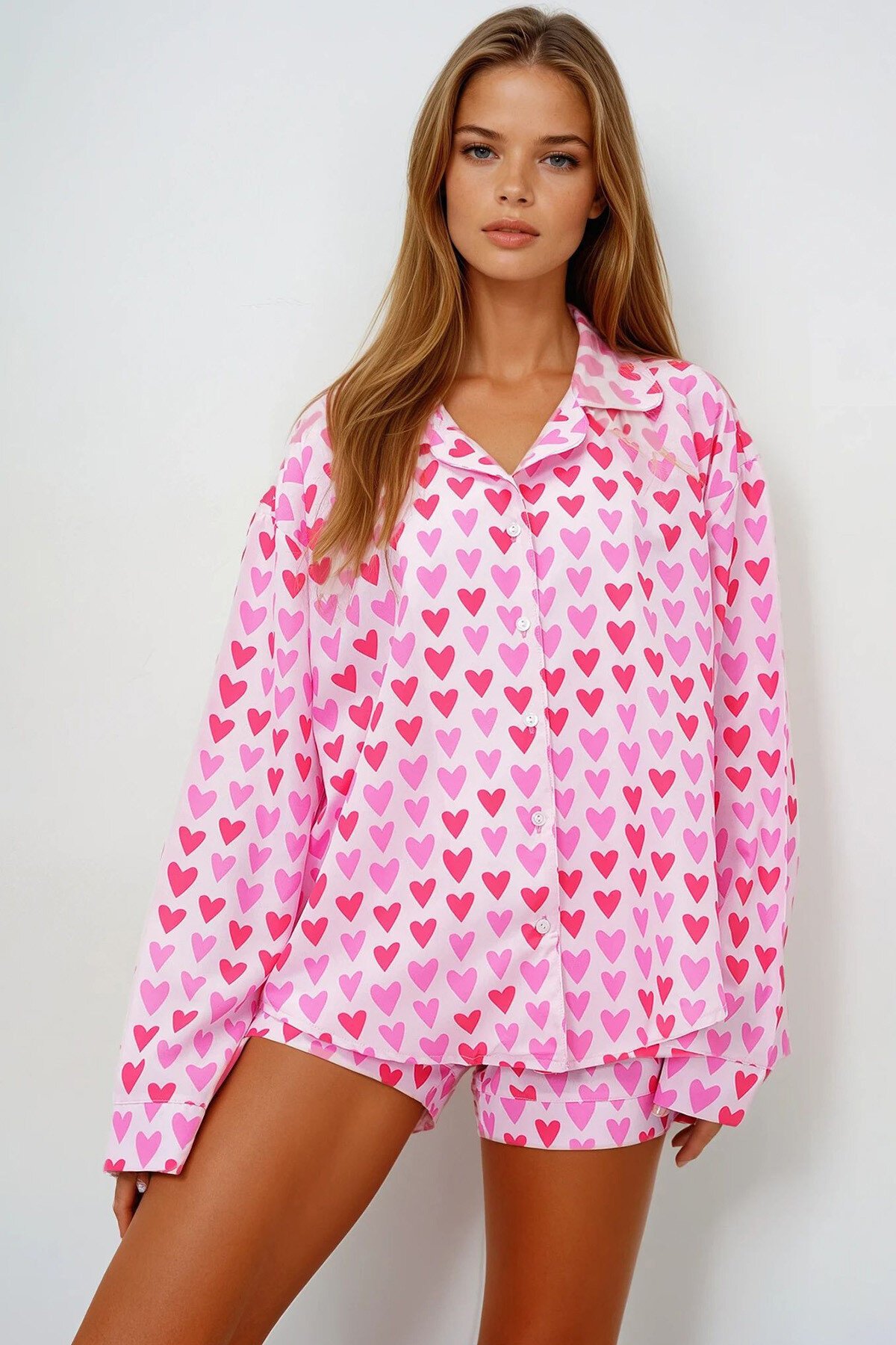 Pembe Kırmızı Duble Manşet Ve Paça Detaylı Dokuma Gömlek Ve Şortlu Pijama Takımı