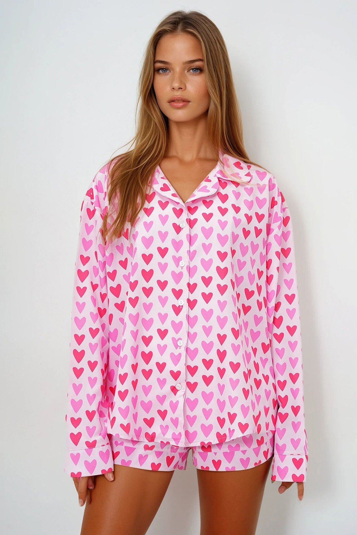 Pembe Kırmızı Duble Manşet Ve Paça Detaylı Dokuma Gömlek Ve Şortlu Pijama Takımı