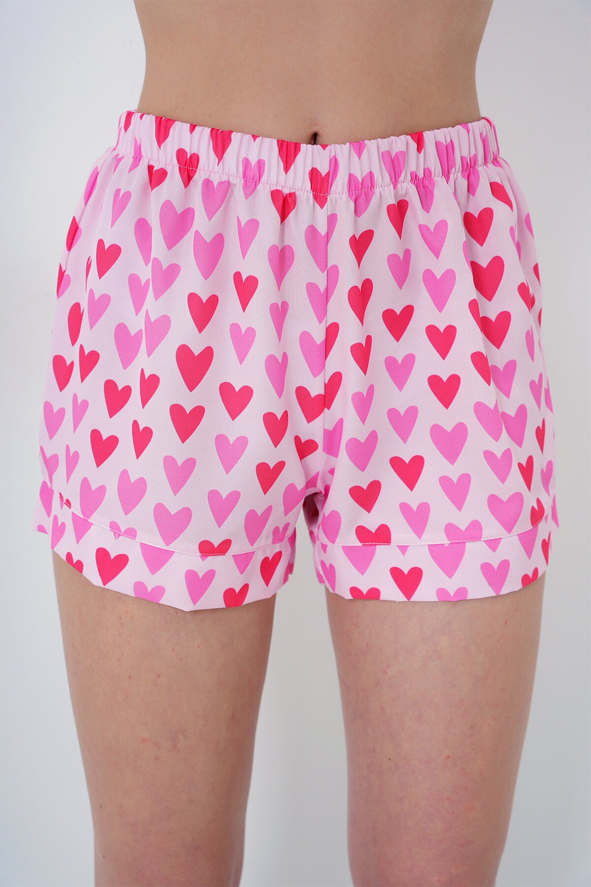 Pembe Kırmızı Duble Manşet Ve Paça Detaylı Dokuma Gömlek Ve Şortlu Pijama Takımı