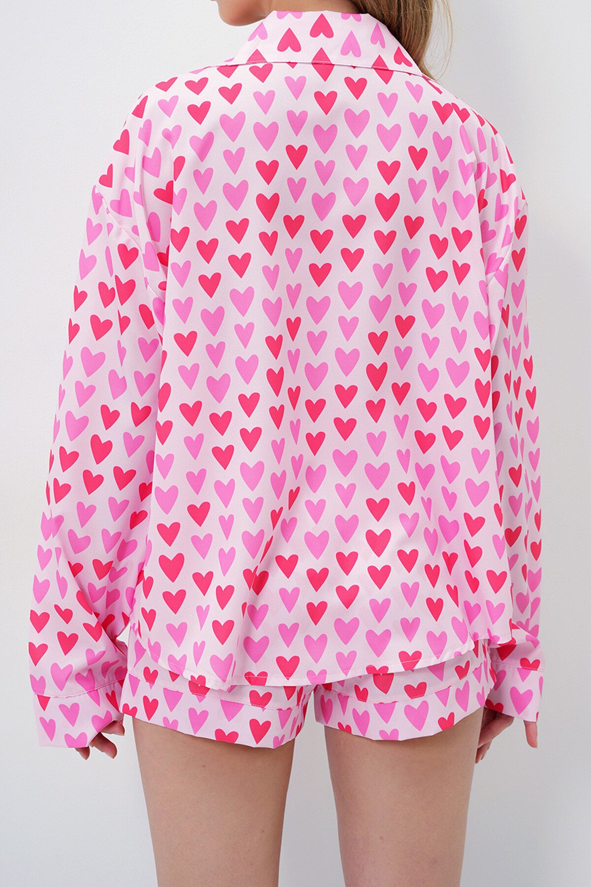 Pembe Kırmızı Duble Manşet Ve Paça Detaylı Dokuma Gömlek Ve Şortlu Pijama Takımı