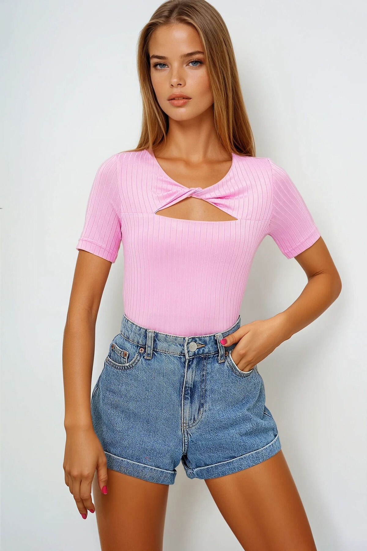 Pembe Robası Burgu Detaylı Merserize Örme Bluz