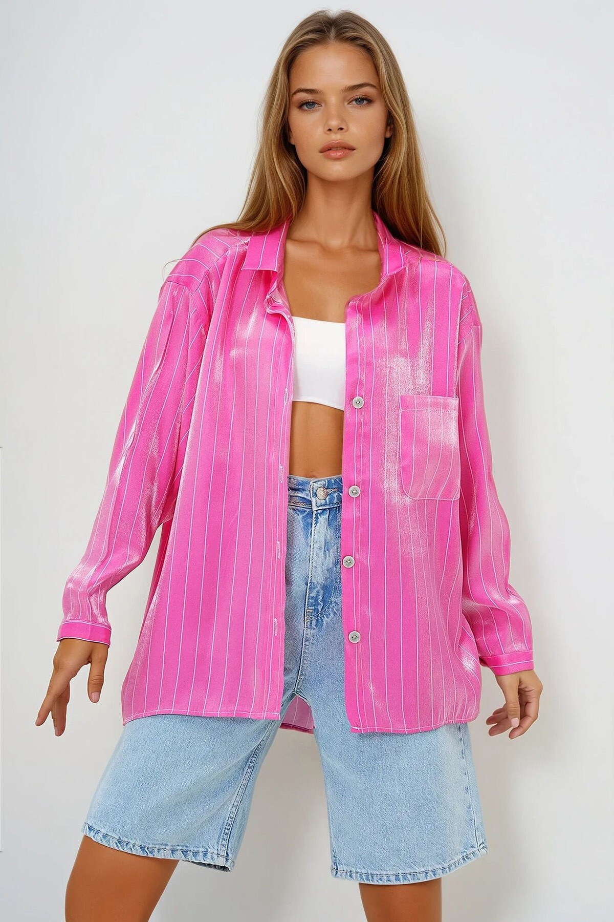 Pembe Tek Cepli Oversize Saten Gömlek