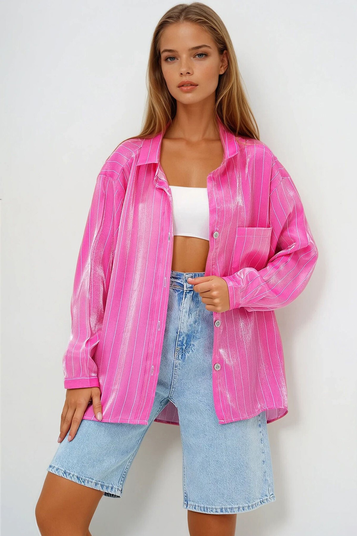 Pembe Tek Cepli Oversize Saten Gömlek