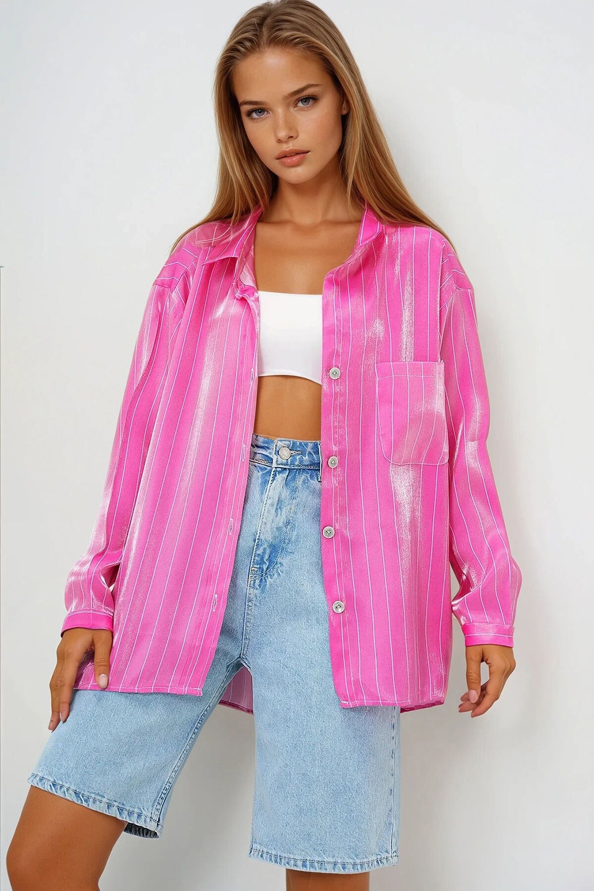 Pembe Tek Cepli Oversize Saten Gömlek