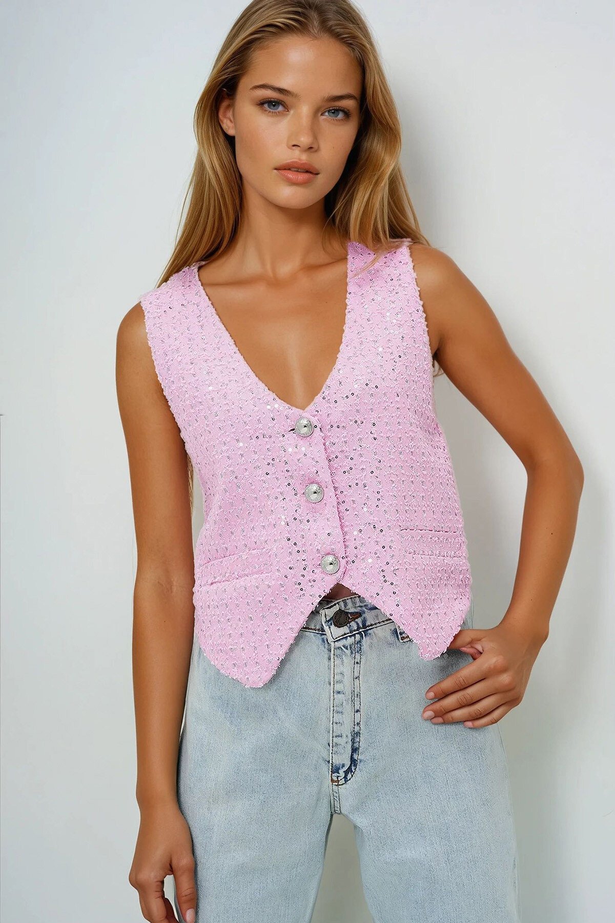Pembe V Yaka Fleto Cepli Astarlı Jean Yelek