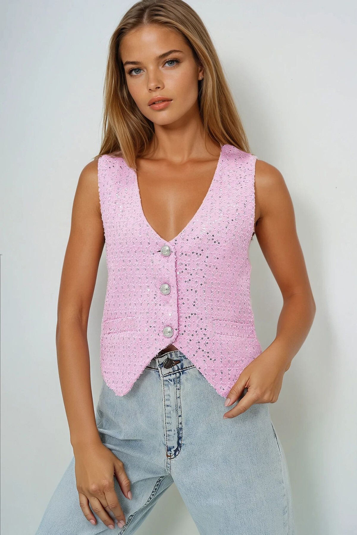 Pembe V Yaka Fleto Cepli Astarlı Jean Yelek