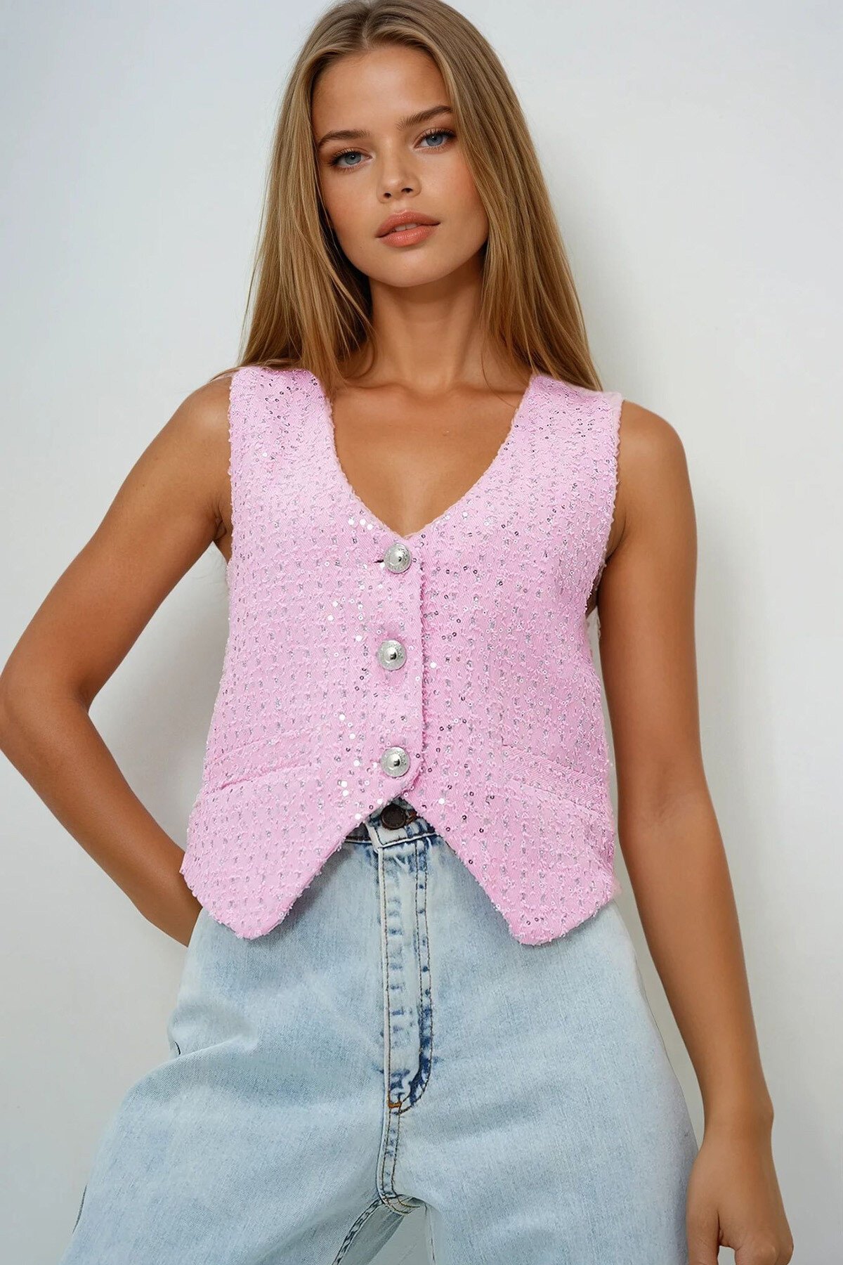 Pembe V Yaka Fleto Cepli Astarlı Jean Yelek