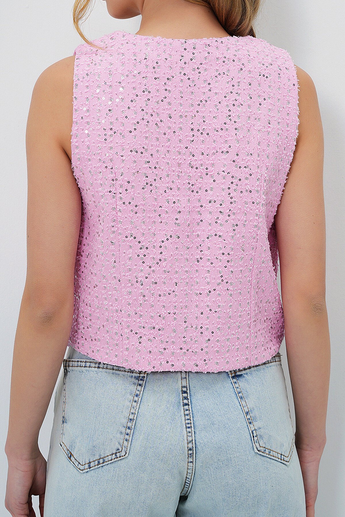 Pembe V Yaka Fleto Cepli Astarlı Jean Yelek