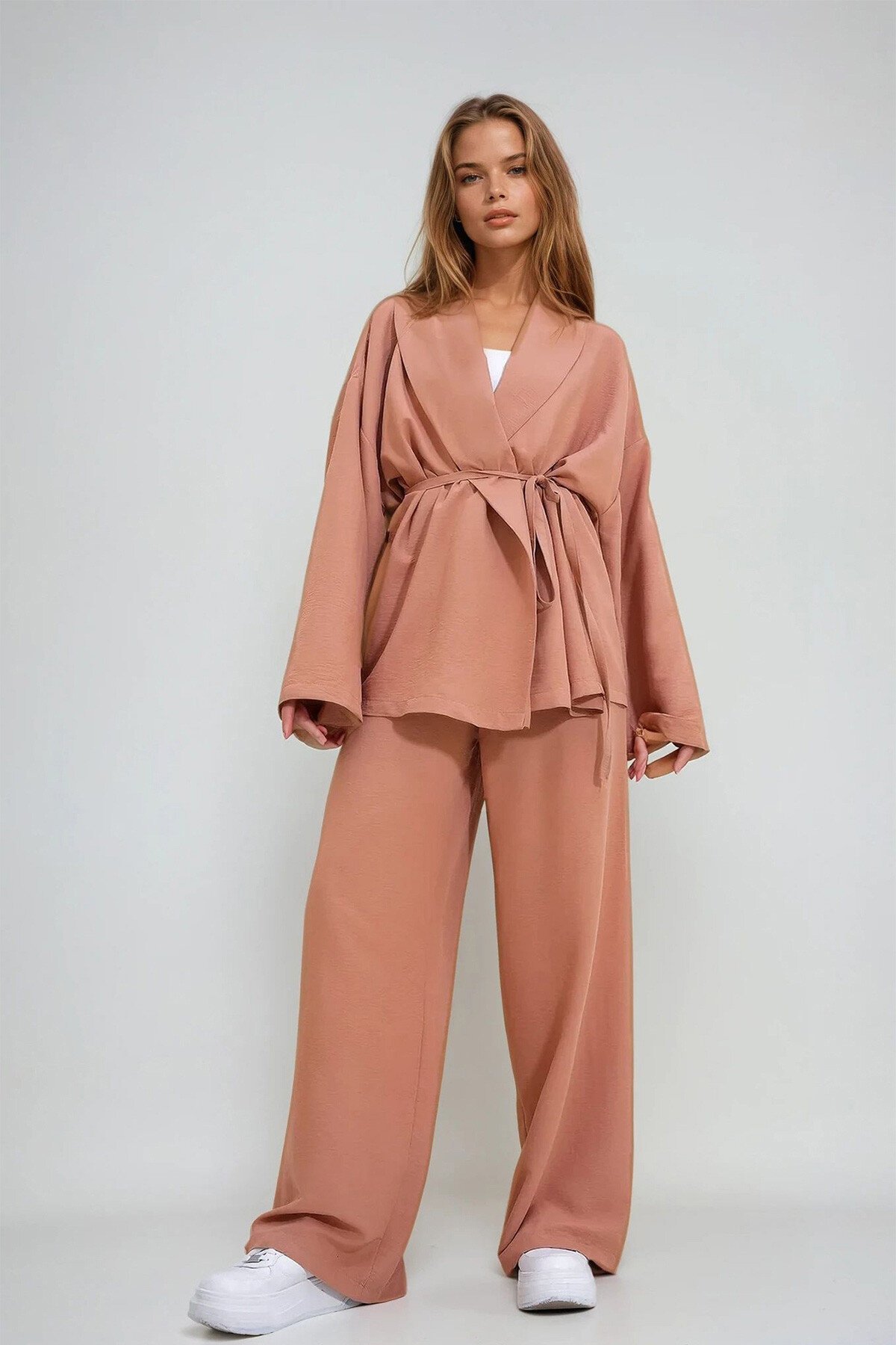 Pudra Buruşuk Görünümlü Blazer Ceket Alt Üst Takım