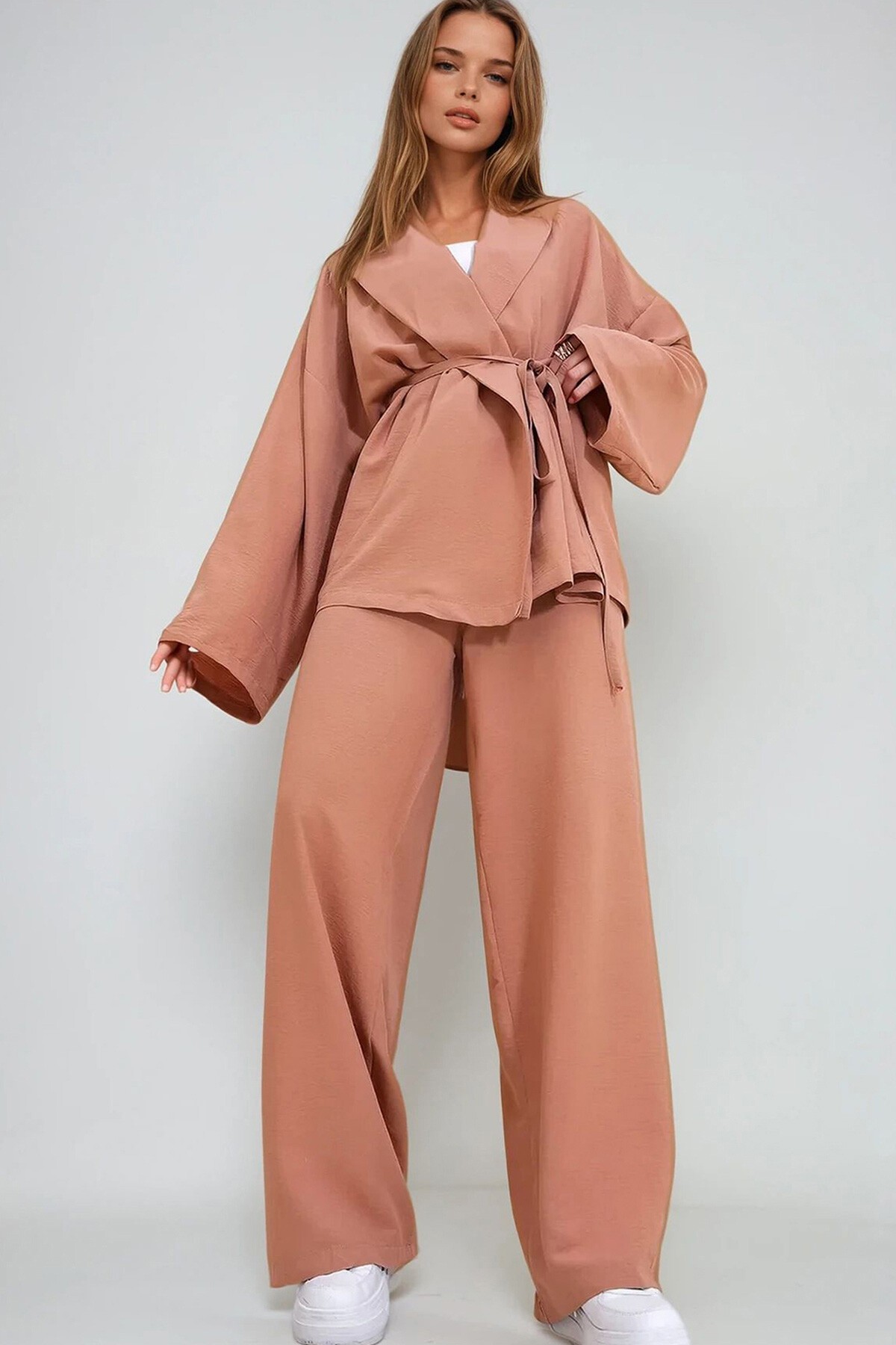 Pudra Buruşuk Görünümlü Blazer Ceket Alt Üst Takım