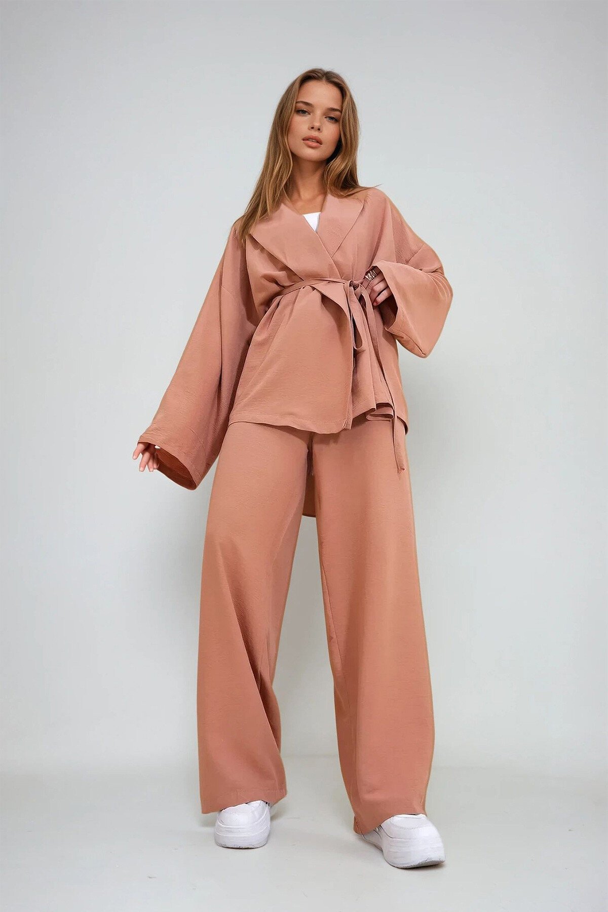 Pudra Buruşuk Görünümlü Blazer Ceket Alt Üst Takım