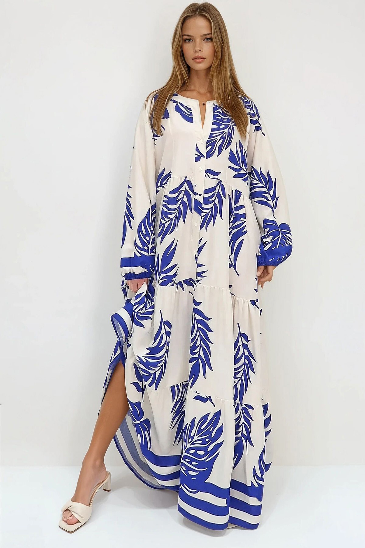 Saks Beyaz Hakim Yaka Şal Desenli Maxi Boy Elbise