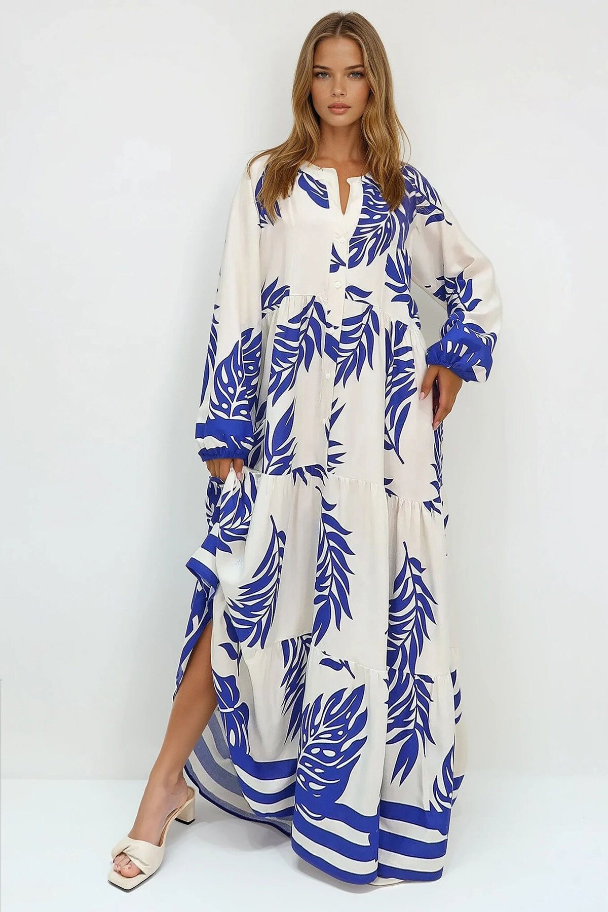 Saks Beyaz Hakim Yaka Şal Desenli Maxi Boy Elbise